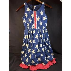 Yo Baby Dress Girls 13 Blue Star Sleeveless Ruffle Hem‎ Smocked Waist Patriotic